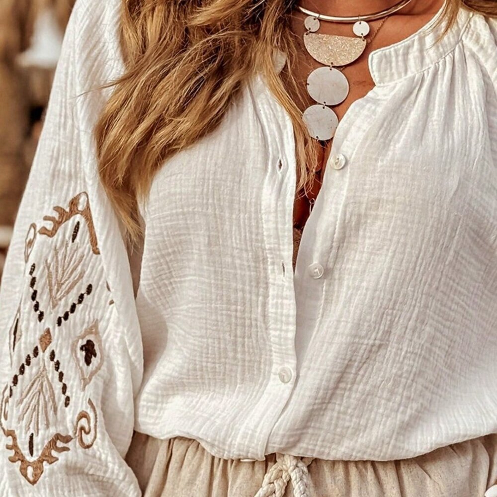 White Boho Women's Ivory Crochet V Neck Long Sleeve Cardigan Blouse - Picture 2 of 5